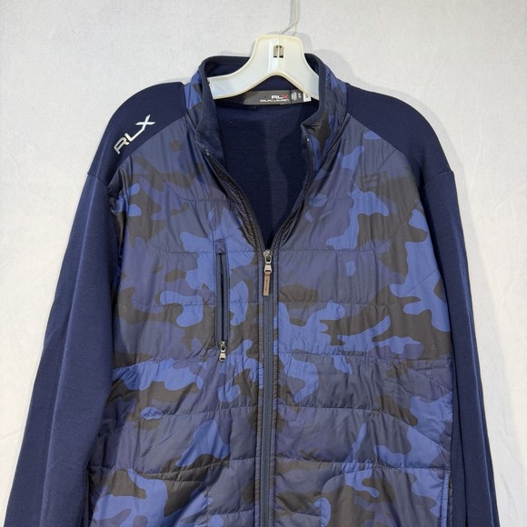 RLX Ralph Lauren Hybrid Wool Jacket Mens M Blue Camo Puffer Golf Performance EUC